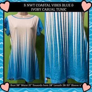 LILY BY FIRMIANA  S NWT BLUE& IVORY TUNIC ARTSY COASTAL WHIMSICAL ABSTRACT PRINT